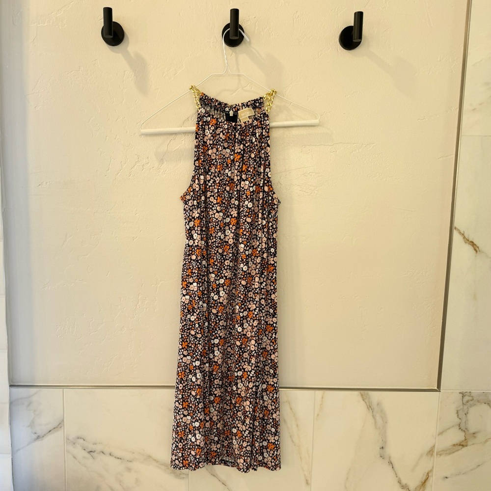 Michael Kors beautiful floral print dress with gold chain high neck halter, XS
